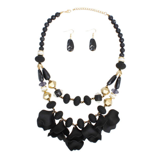 Beaded Necklace Black Petals Layered Set Women