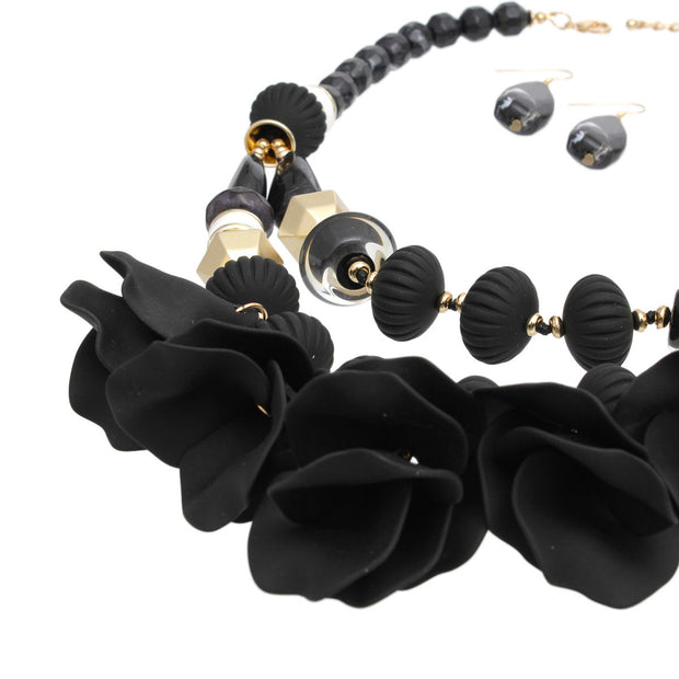 Beaded Necklace Black Petals Layered Set Women