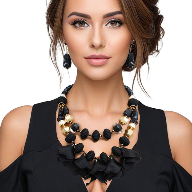 Beaded Necklace Black Petals Layered Set Women