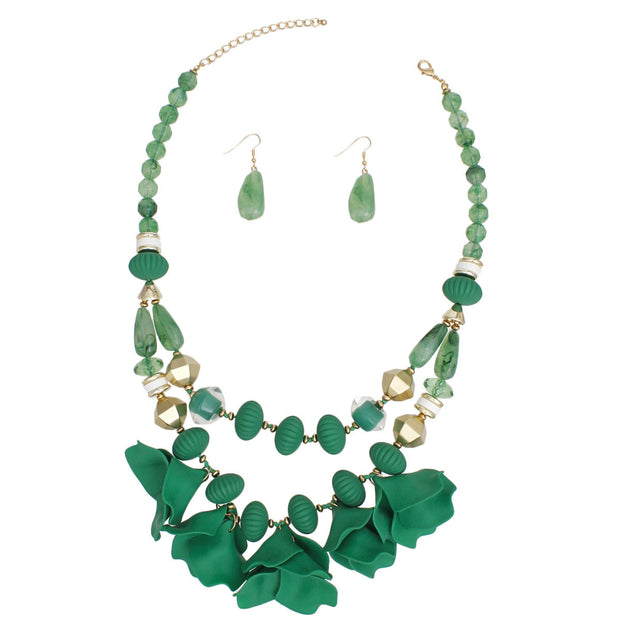 Beaded Necklace Green Petals Layered Set Women