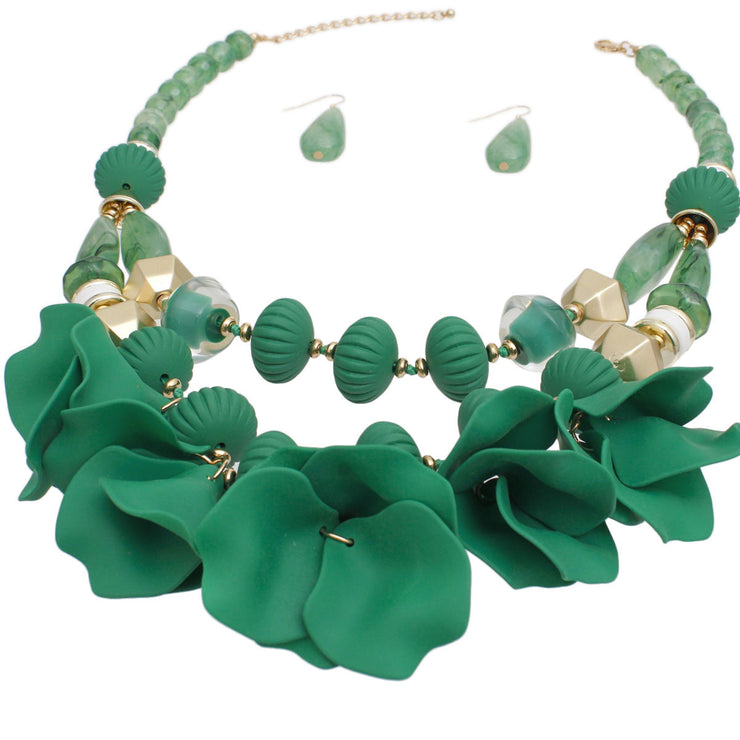 Beaded Necklace Green Petals Layered Set Women