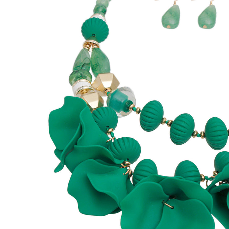 Beaded Necklace Green Petals Layered Set Women