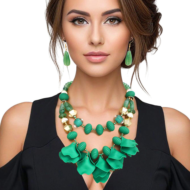 Beaded Necklace Green Petals Layered Set Women