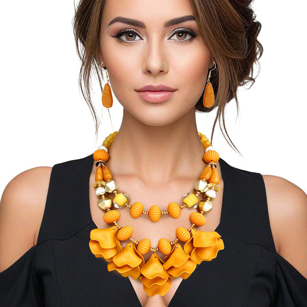 Beaded Necklace Mustard Petals Layered Set Women