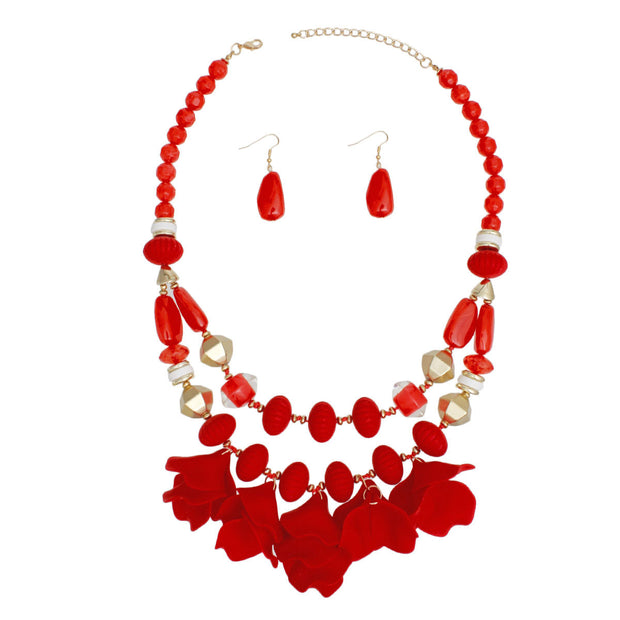 Beaded Necklace Red Petals Layered Set Women