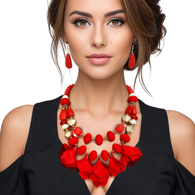 Beaded Necklace Red Petals Layered Set Women