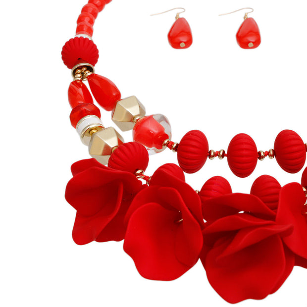 Beaded Necklace Red Petals Layered Set Women