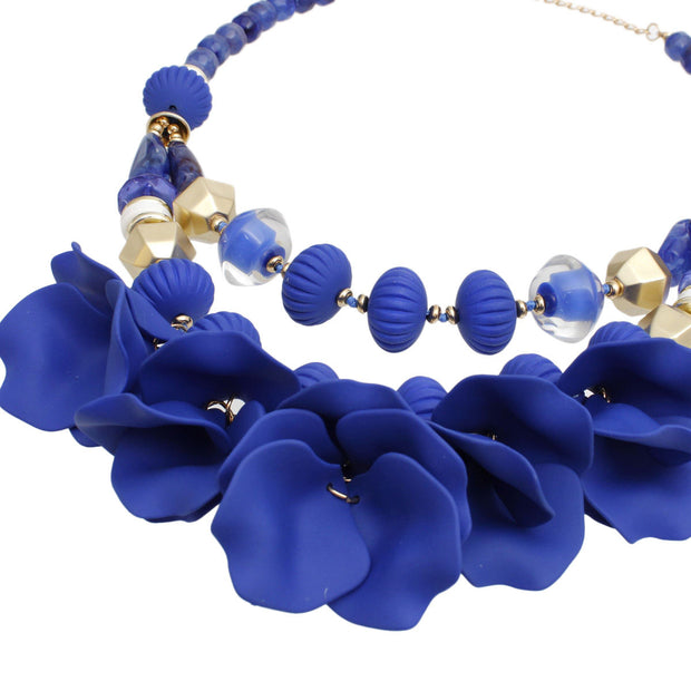 Beaded Necklace Royal Blue Petals Layered Set