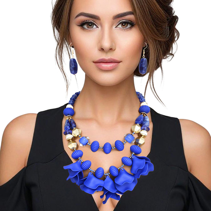 Beaded Necklace Royal Blue Petals Layered Set