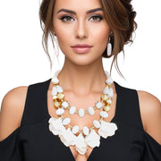 Beaded Necklace White Petals Layered Set Women