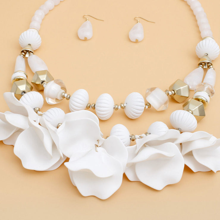 Beaded Necklace White Petals Layered Set Women