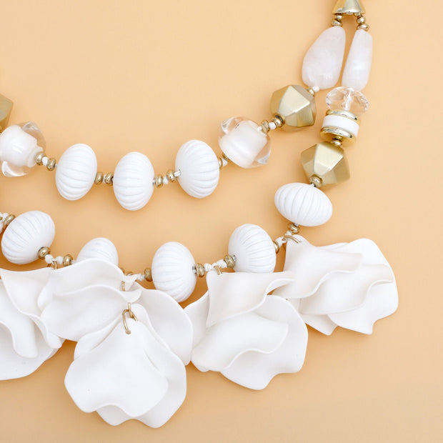 Beaded Necklace White Petals Layered Set Women