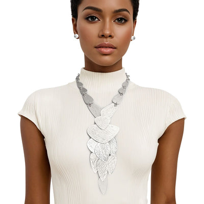 Bib Silver Scratched Metal Plate Edgy Necklace Set