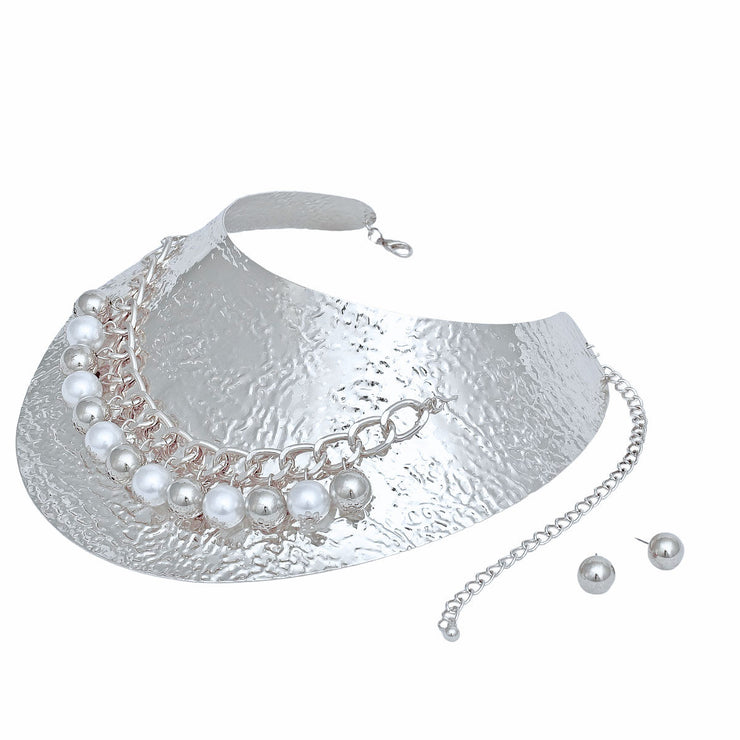 Armor Choker Collar Pearl Rigid Silver Metal Set