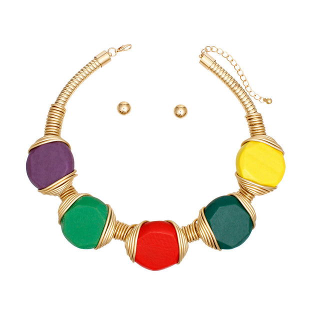 Necklace Multicolor Wood and Wire Heavy Collar Set