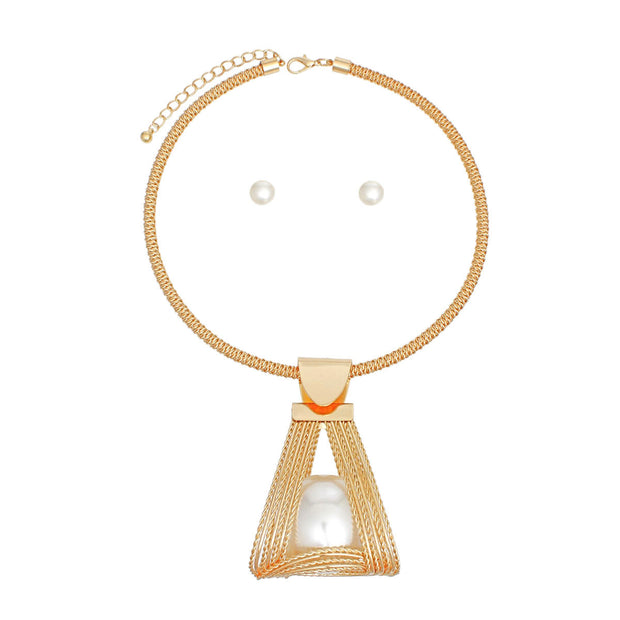 Pendant Gold Triangle Pearl Basket Necklace Women