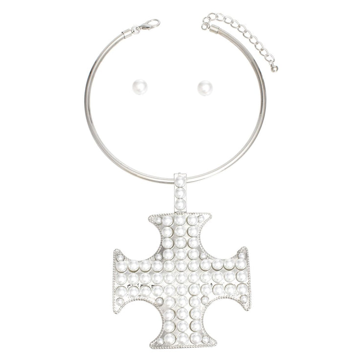 Pendant Silver Pearl Cross Pattee Necklace Women