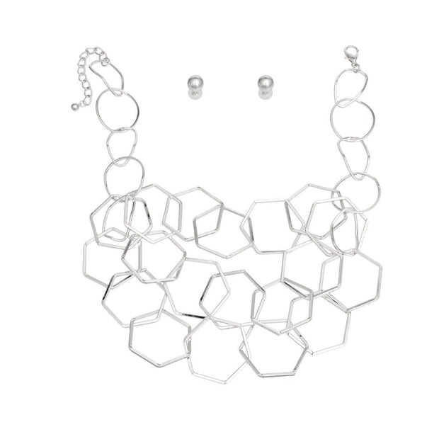 Chain Silver Geo Link Necklace Set for Women