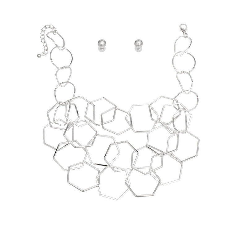 Chain Silver Geo Link Necklace Set for Women