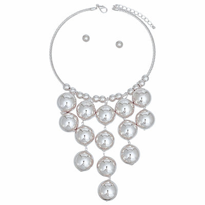 Necklace Silver Metal Ball Drop Bib Set for Women