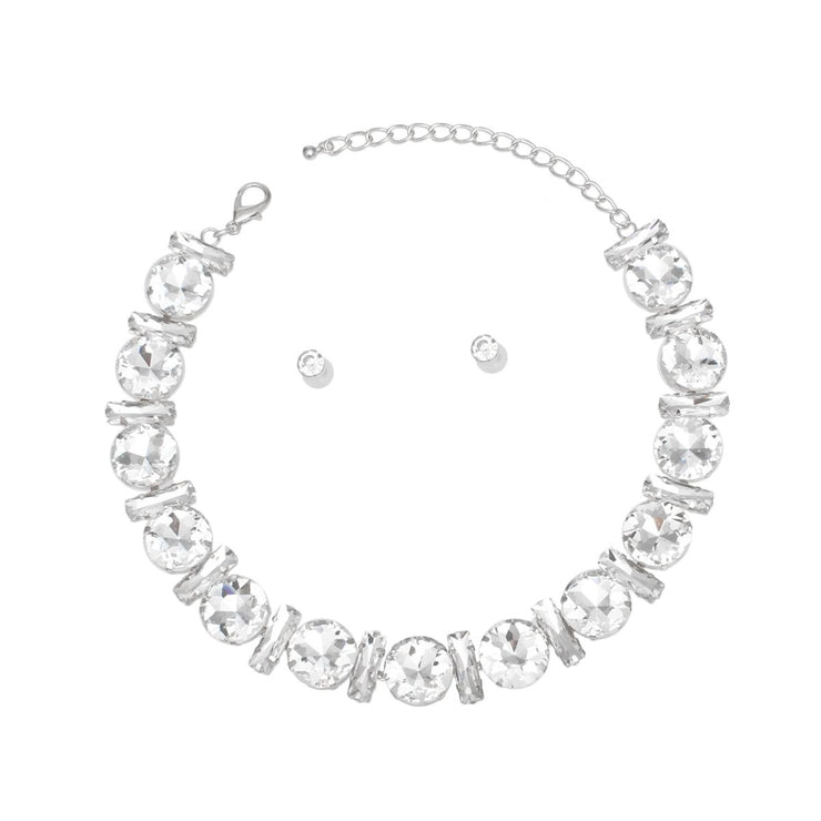 Jeweled Collar Silver Round Baguette Crystal Set