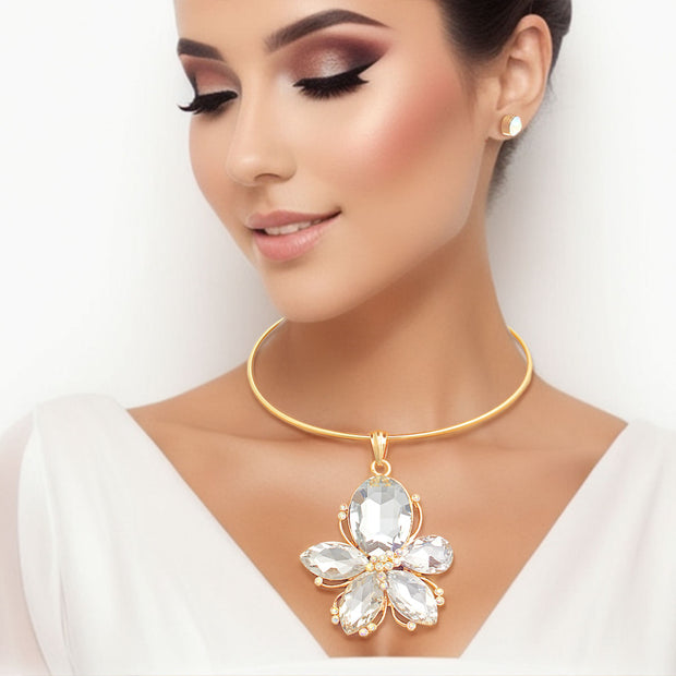 Gold Clear Crystal Flower Necklace