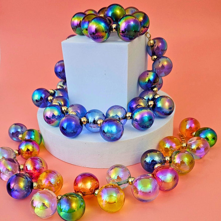 Necklace Blue Iridescent Bubble Ball Bead Set