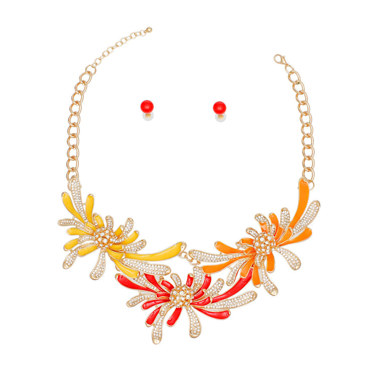 Necklace Bright Gold Metal Floral Stone Collar Set