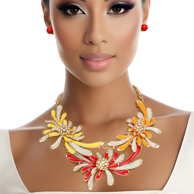 Necklace Bright Gold Metal Floral Stone Collar Set