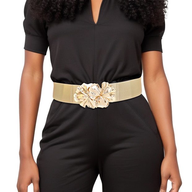 Belt Gold Wide Flower Buckle Stretch Belt Women