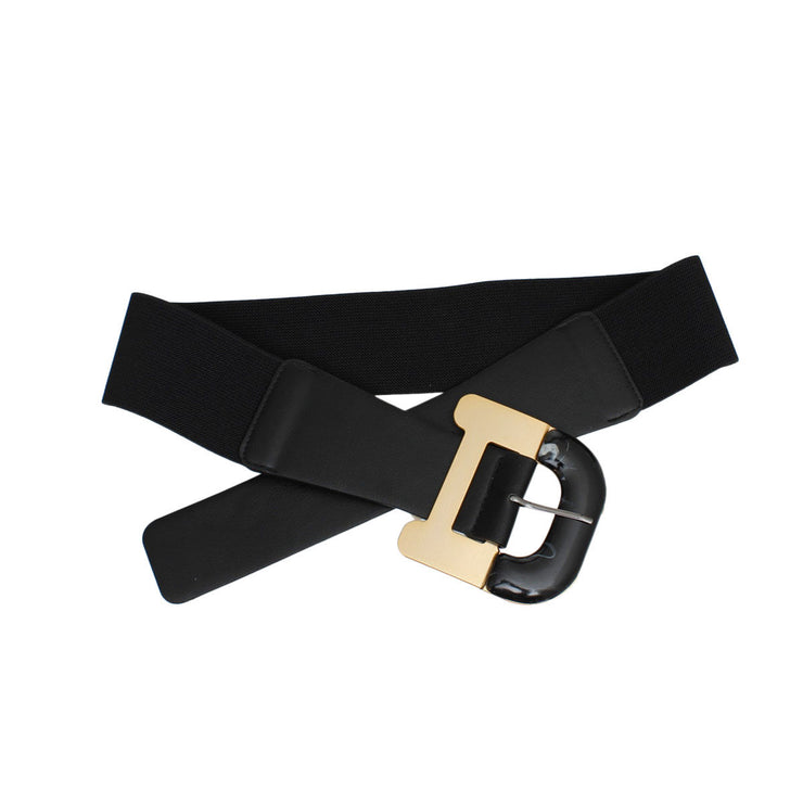 Belt Black Wide Marbled Buckle Stretch for Women