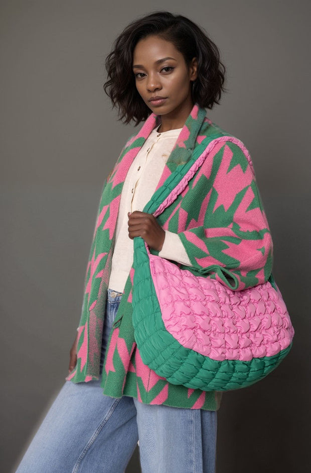 AKA Sorority Large Pink Green Quilted Shoulder Bag