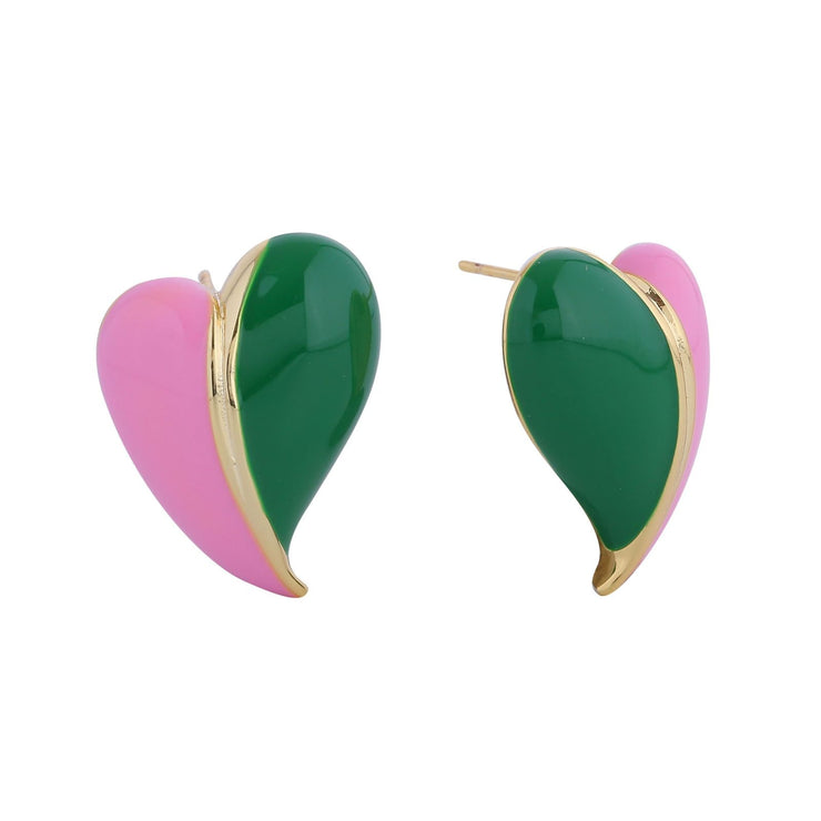 Stud 14K Gold Pink Green Heart Earrings for Women