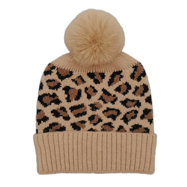 Camel Leopard Pom Beanie