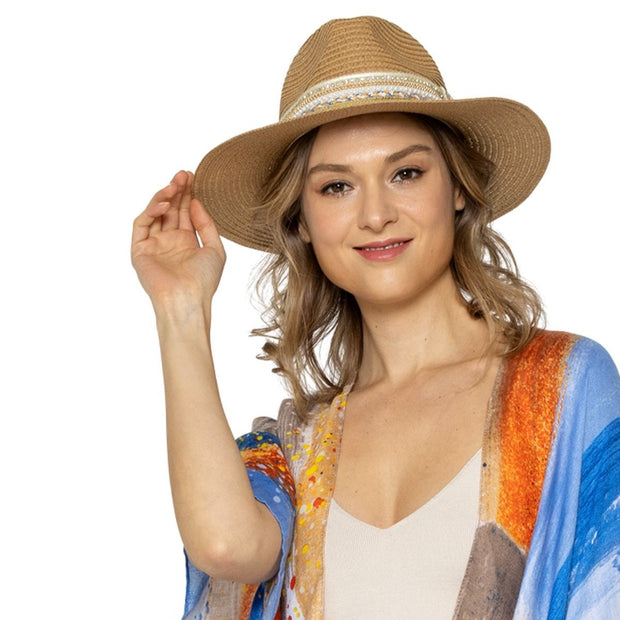 Camel Pearl Embellished Panama Hat