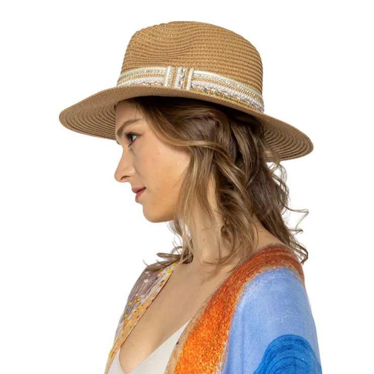 Camel Pearl Embellished Panama Hat