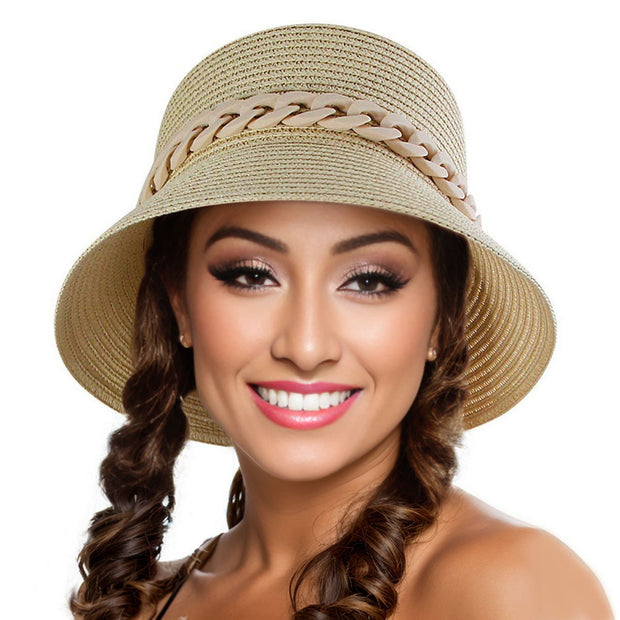 Beige Chain Straw Bucket Hat