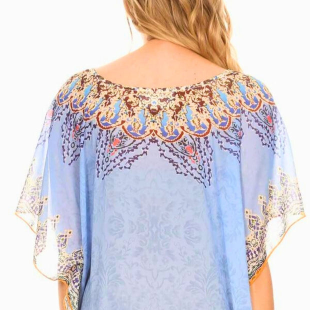 Blue Boho Print Poncho Top