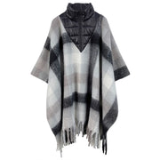 Poly Black Plaid Long Zip Fringe Poncho  for Women