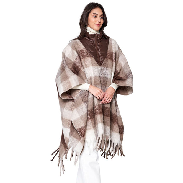 Poly Brown Plaid Long Zip Fringe Poncho for Women