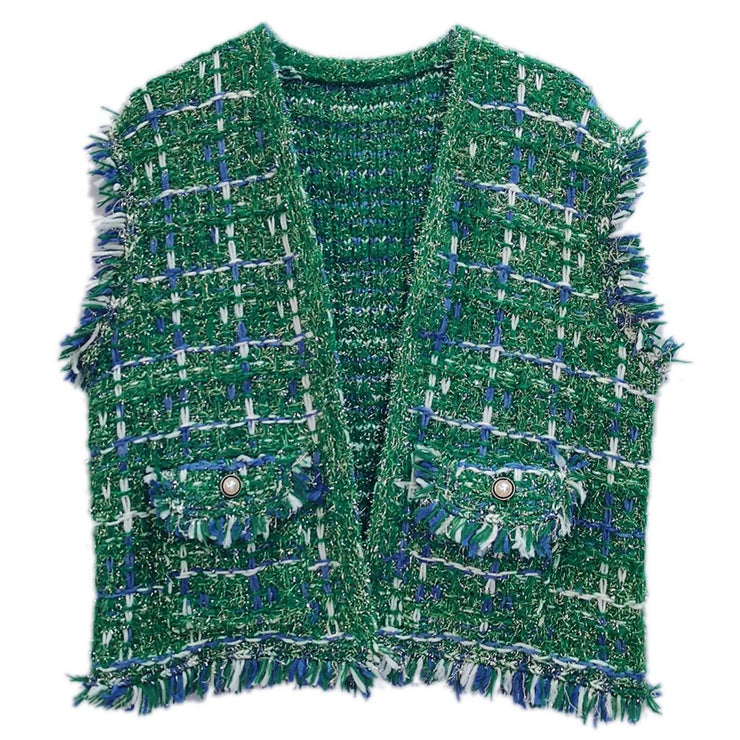 Silver Threaded Luxe High Quality Tweed Green Vest