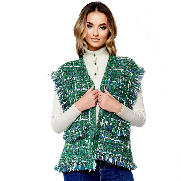 Silver Threaded Luxe High Quality Tweed Green Vest