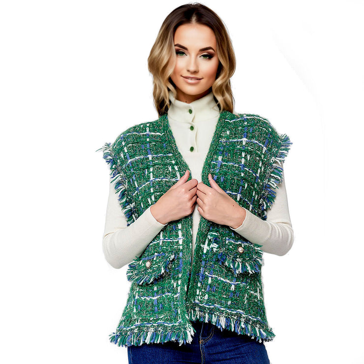 Silver Threaded Luxe High Quality Tweed Green Vest