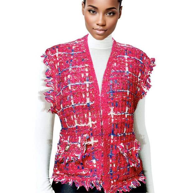 Silver Threaded Vest Luxe Plaid Tweed Pink Vest