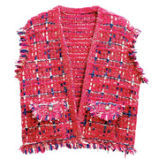 Silver Threaded Vest Luxe Plaid Tweed Pink Vest