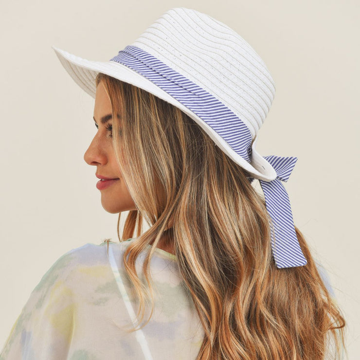 White Navy Striped Bow Fedora