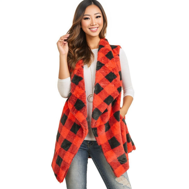 Red Buffalo Plaid Faux Fur Vest