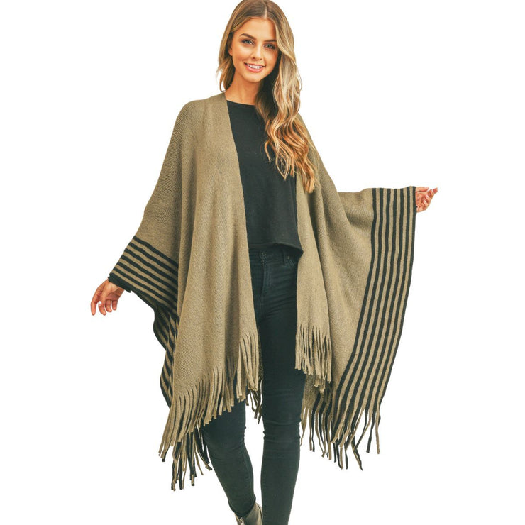 Olive Stripe Fringe Ruana