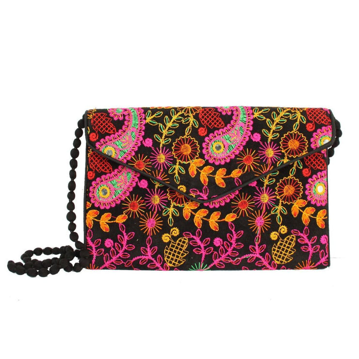 Black Embroidered Envelope Clutch