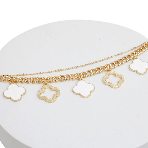 Bracelet White Clover Quatrefoil Charm Gold Chain